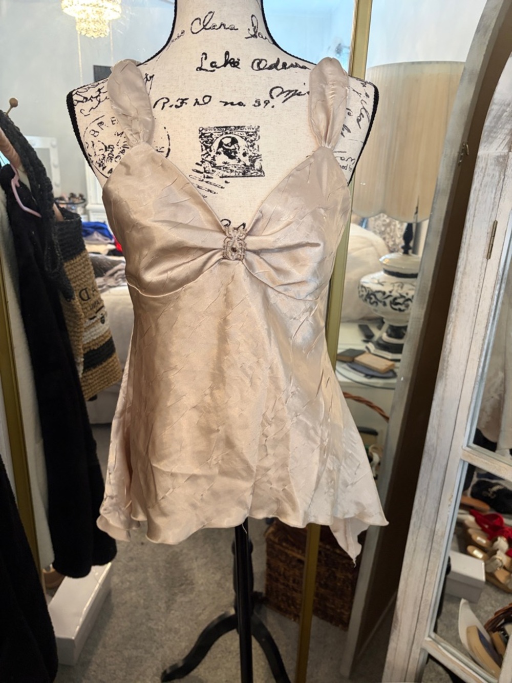 Byer California Champagne Silk Bow-Front Spaghetti Strap Tank